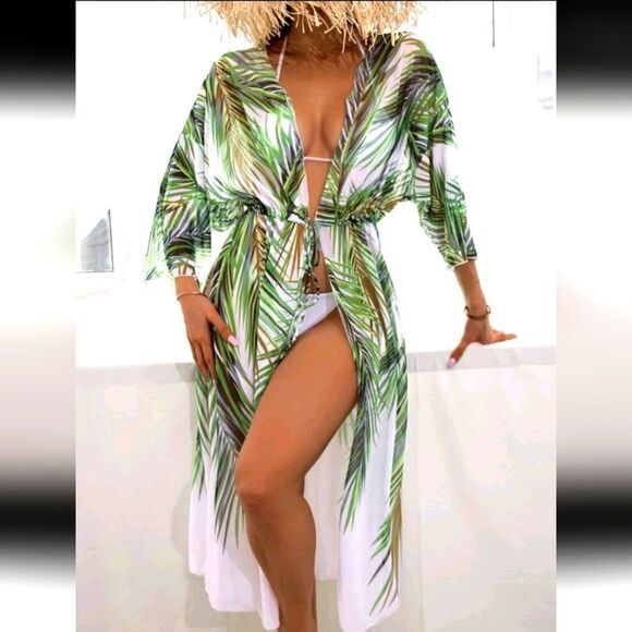 Tropical Leaf Print Swim Cover-Up XL - Picture 1 of 6
